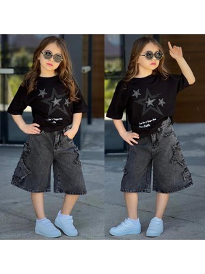 Bambam Kız Çocuk Yıldız Baskılı Oversize Tişört & Yırtık Detaylı Kot Şort Kombini – Yazlık Şık Takım 2535 Siyah