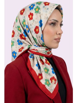 Hadiora Ekru Kırmızı Çiçek Desenli Organik Pamuk Soft Eşarp