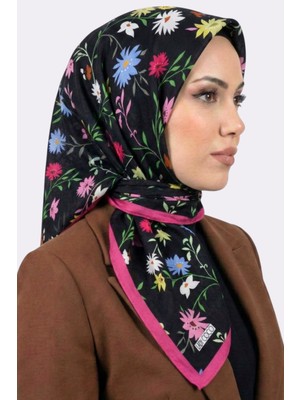 Hadiora Siyah Pembe Çiçek Desenli Organik Pamuk Soft Eşarp