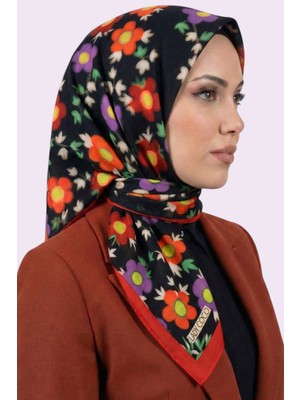 Hadiora Siyah Kırmızı Çiçek Desenli Organik Pamuk Soft Eşarp