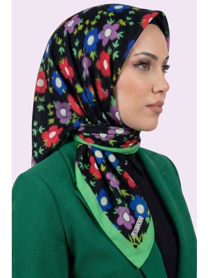 Hadiora Siyah Yeşil Çiçek Desenli Organik Pamuk Soft Eşarp