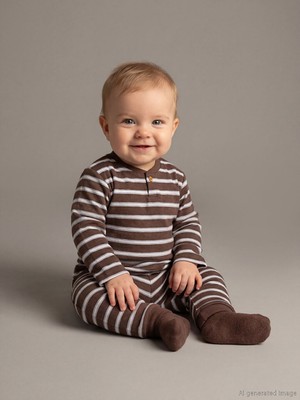 LC Waikiki Kahverengi Bisiklet Yaka Çizgili Erkek Bebek Pijama Takımı