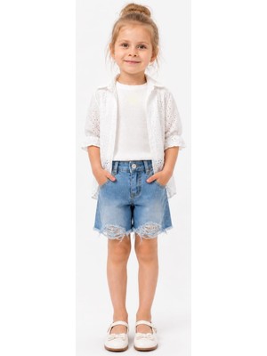 İrem Çocuk Giyim Kız Çocuk Fistolu Düğme Kapamalı Kolu Lastikli Gömlek Slim Fit Tişört Fistolu Astarlı Şort Beyaz Renk Üçlü Takım