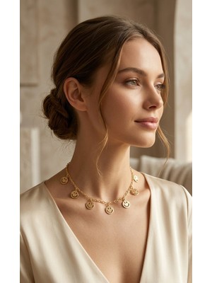 C&On Design Gold Işıltılı Gülen Yüz Figürlü Trend Kadın Kolye