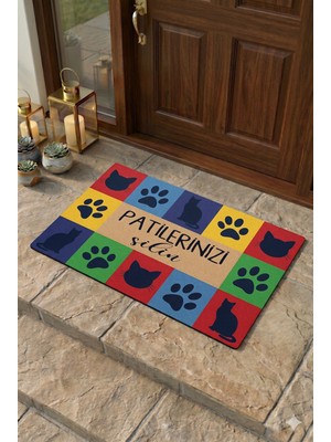 Uygur Home Pop-Art Kedi Tasarımlı "patilerinizi Silin" Temalı Paspas - Dijital Baskılı Taban Kapı Önü Paspası