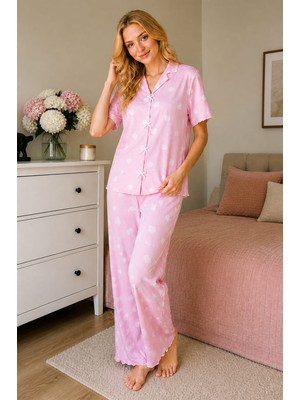 Esra Butik Milan Kumaş Yumuşak Dokulu Pudra Pembe Yazlık Kadın Pijama Seti
