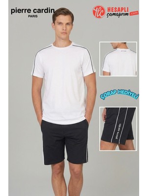 Pierre Cardin Premium Erkek Çizgili Pamuklu Rahat Kalıp Kısa Kollu Şortlu Pijama Takım Çorap Hediye
