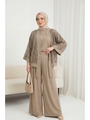 Moda Morfo Pul Payet File Hırkalı 3'lü Sendy Takım  -Vizon