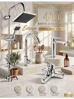 Eshome 4’lü Banyo Duş Seti Robot Batarya Lavabo Musluk Krom Parlak Modern Banyo Setiti