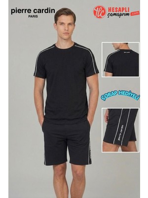 Pierre Cardin Premium Erkek Çizgili Pamuklu Rahat Kalıp Kısa Kollu Şortlu Pijama Takım Çorap Hediye