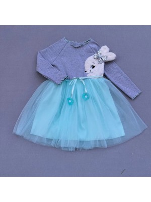 Uravas Store 5-6-7 Yaş Pelüş Tşan Desenli Kurdela Kuşaklı Astarlı Kız Çuk Tütü Elbise Turkuaz