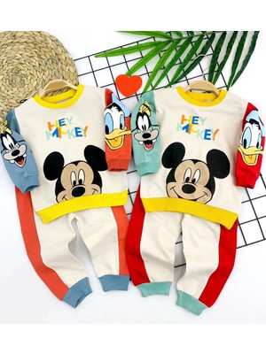 Uravas Store 9-12-18-24 Ay Mickey ve Arkadaşları Desenli Uzun Kollu Sweat 2li Kız Erkek Bebek Takımı Yeşil