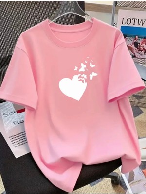 Nigrum Pardus Nıgrum Pardus Büyük Beden Özel Seri Kalbin Kelebekleri Baskılı %100 Pamuk Oversize Kadın T-Shirt