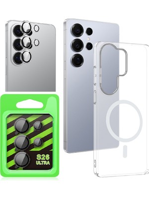 Vendas Samsung Galaxy S26 Ultra Uyumlu Kamera Korumalı M-Safe Şarj Özellikli Şeffaf Zore London Sert Pc Kapak + Şeffaf Kamera Lens Koruyucu