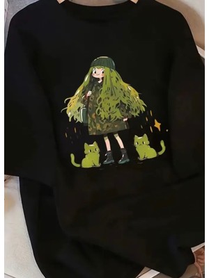 Nigrum Pardus Nıgrum Pardus Özel Seri Anime'nin Yeşil Kedileri Baskılı %100 Pamuk Kız Çocuk T-Shirt