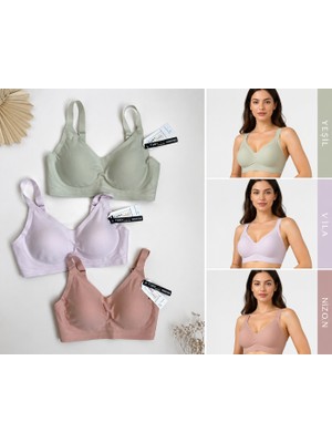 Seçkin Dikişsiz Toparlayıcı Sütyen 3’lü Set – Yumuşak Dokulu, Destekleyici, Günlük Konforlu Bralet (Yeşil – Lila – Nude)