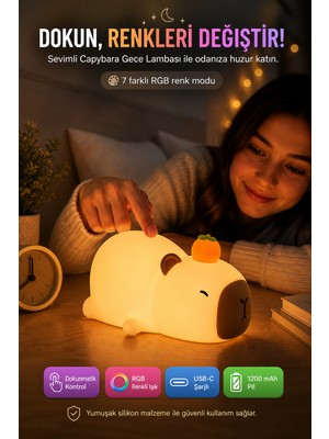 Open City Capybara Gece Lambası Dokunmatik USB Şarjlı Yumuşak Silikon Çocuk Odası Uyku Işığı