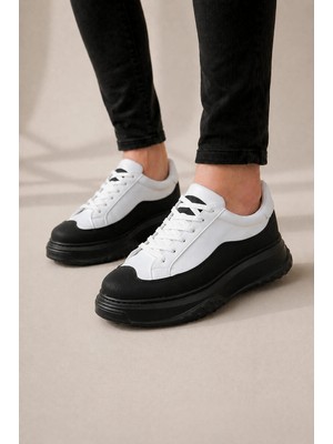 Mevese Arad Bağcıklı Cilt Erkek Günlük Sneaker Ayakkab Beyaz Siyah