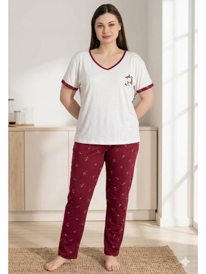 Rapapa Kadın Büyük Beden Bordo Pijama Takımı - Kısa Kollu V Yaka Pamuklu-9580