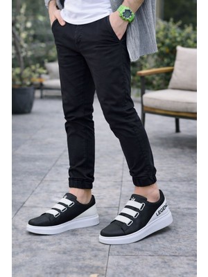 JY029 Mono Bağcıksız 3 Bantlı Lastikli Legend Cilt Erkek Günlük Sneaker Ayakkabı Cbt - Siyah/beyaz