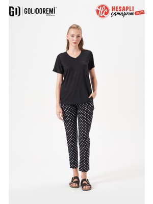 Gd Goldoremi 29149 Premium Kadın V Yaka Rahat Kesim Puantiyeli Kısa Kollu Pijama Takım