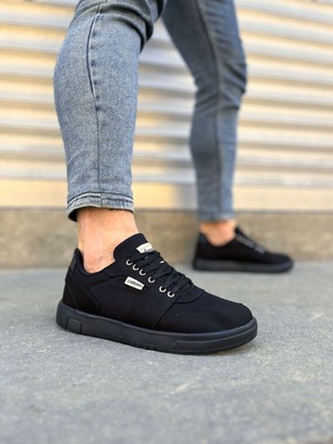 JY0118 Rex Bağcıklı Keten Kumaş Erkek Günlük Sneaker Ayakkabı Kst - Siyah