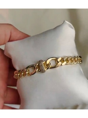 Stainless Stell Taş Detaylı Gold Halka Zincir Bileklik