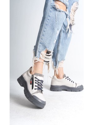 Agatha Bağcıklı Fermuarlı Ortopedik Taban Kadın Sneaker Spor Ayakkabı Cgt - Krem
