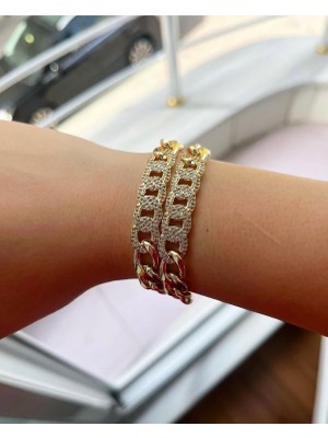 Stainless Stell Taşlı Gold Gurmet Zincir Bileklik