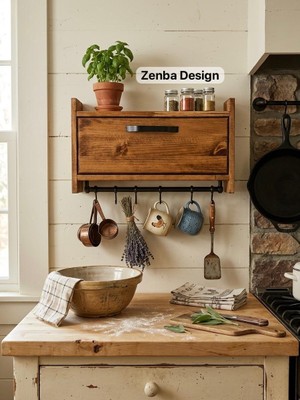 Zenba Design Ahşap Askılıklı Mutfak Rafı Baharatlık Kupalık