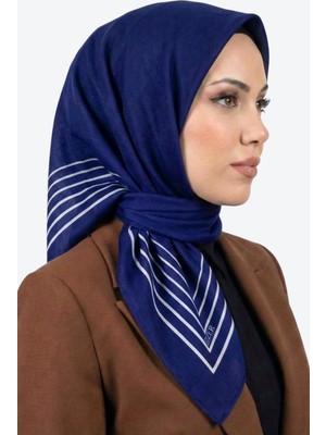 Hadiora  Saks Mavisi Çizgili Organik Pamuk Soft Eşarp