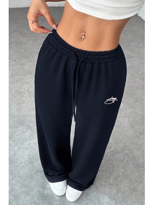 The Rule Stüssy Curved Baskılı Lacivert Bol Paça Yazlık Baggy 3 Iplik Esnek Rahat Eşofman Altı RF0671