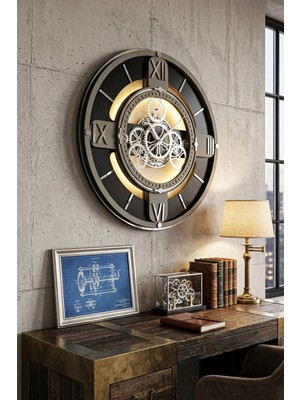 Asse Tasarım LED Lighted Moving Gear Wall Clock – Hareketli Çarklı Premium Duvar Saati 50X50CM