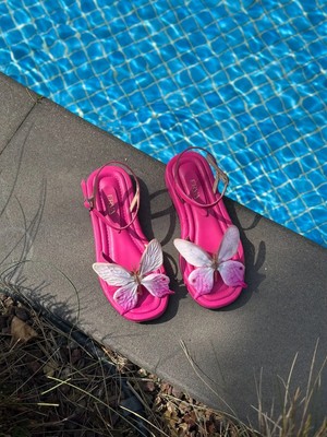 Erva'nın Butiği Fuşya Cilt (James) Pembe Kelebek Detay Kadın Sandalet