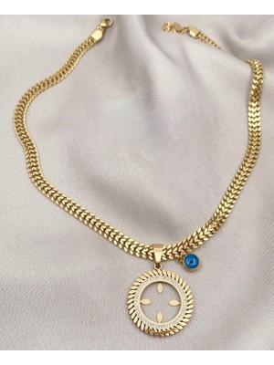 Stainless Stell Çeyrek Altın Uyumlu Nazar Detaylı Kuyumcu Model Gold Kolye