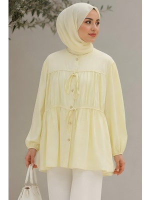 İmaj Butik Sarı Ön Bağlamalı Büzgülü Gömlek
