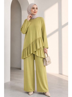 İmaj Butik Yağ Yeşili Eteği Fırfırlı Tunik Pantolonlu Modal Takım