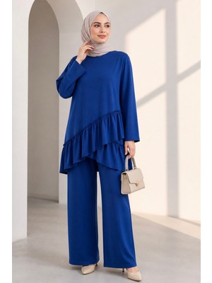 İmaj Butik Lacivert Eteği Fırfırlı Tunik Pantolonlu Modal Takım