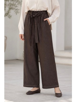 İmaj Butik Kahverengi Kemerli Tencel Palazzo Pantolon