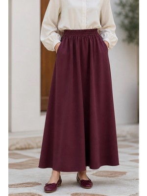 İmaj Butik Mürdüm Bel Lastikli Poplin Etek