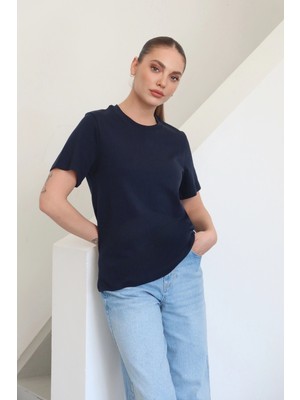 Roea Bisiklet Yaka Basic T-Shirt Lacivert