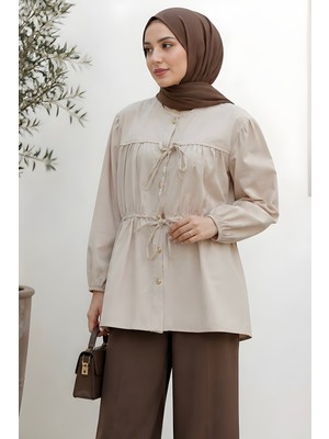 İmaj Butik Bej Ön Bağlamalı Büzgülü Gömlek