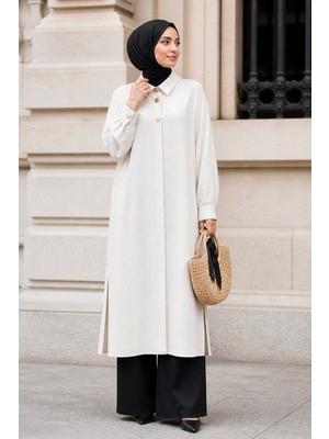 İmaj Butik Ekru Düğmeli Yırtmaçlı Uzun Tunik