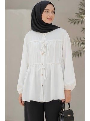 İmaj Butik Ekru Ön Bağlamalı Büzgülü Gömlek