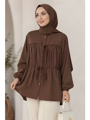 İmaj Butik Kahverengi Ön Bağlamalı Büzgülü Gömlek