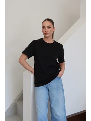 Roea Bisiklet Yaka Basic T-Shirt Siyah