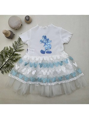Uravas Store 1-2-3 Yaş Payetli Mickey Baskılı Brode Etekli Kız Bebek Elbisesi Turkuaz