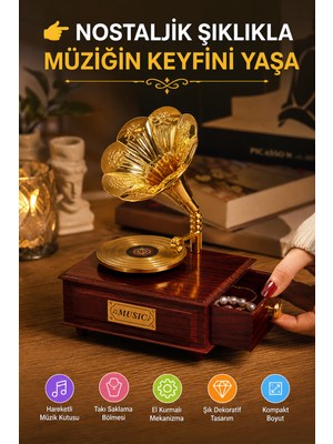 Nostaljik Gramofon Müzik Kutusu Takı Kutusu El Kurmalı Altın Dekoratif Hediye Ürünü Şık