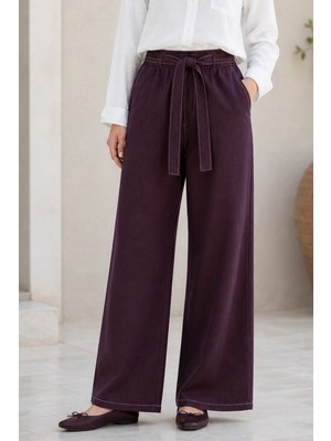 İmaj Butik Mürdüm Kemerli Tencel Palazzo Pantolon