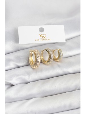 Uravas Store Pirinç Gold Renk Zirkon Taşlı Halka Model Ysx Trio Küpe Seti - TJ-BKP11558